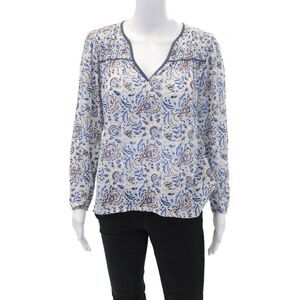 Xirena Womens Cotton Floral V-Neck Long Sleeve Pullover Blouse Top White Size XS